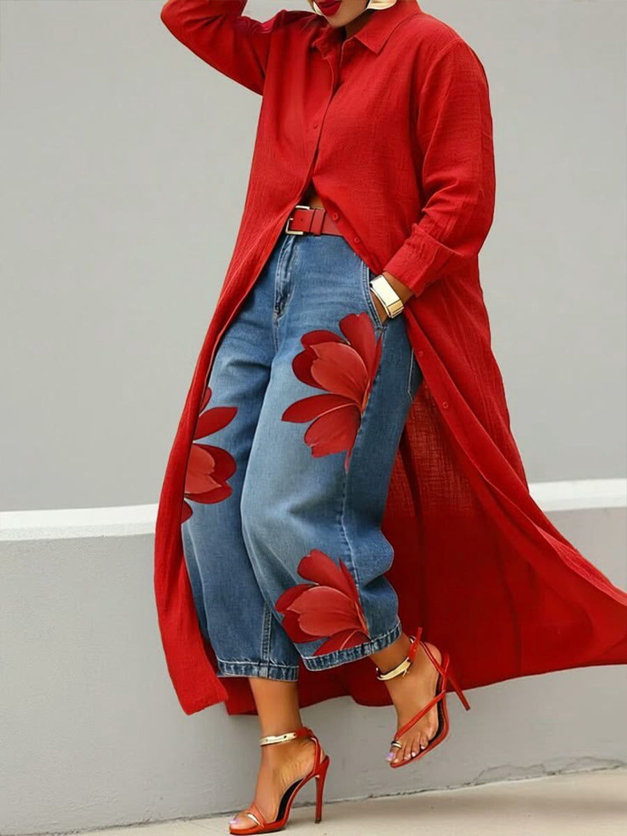 Completo Vestito Camicia Rosso e Jeans Larghi Floreali