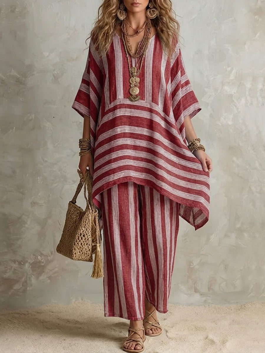 Completo Boho in Lino a Righe Donna Fit Oversize
