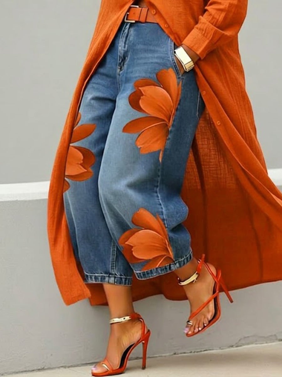 Completo Vestito Camicia Rosso e Jeans Larghi Floreali
