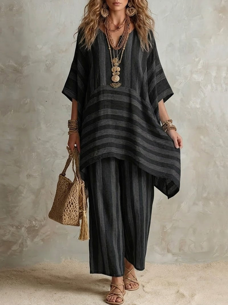 Completo Boho in Lino a Righe Donna Fit Oversize