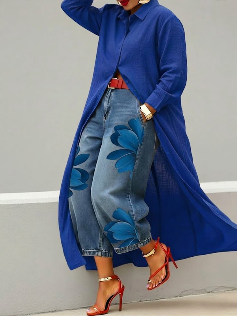 Completo Abito Camicia Rosso e Jeans Larghi Floreali