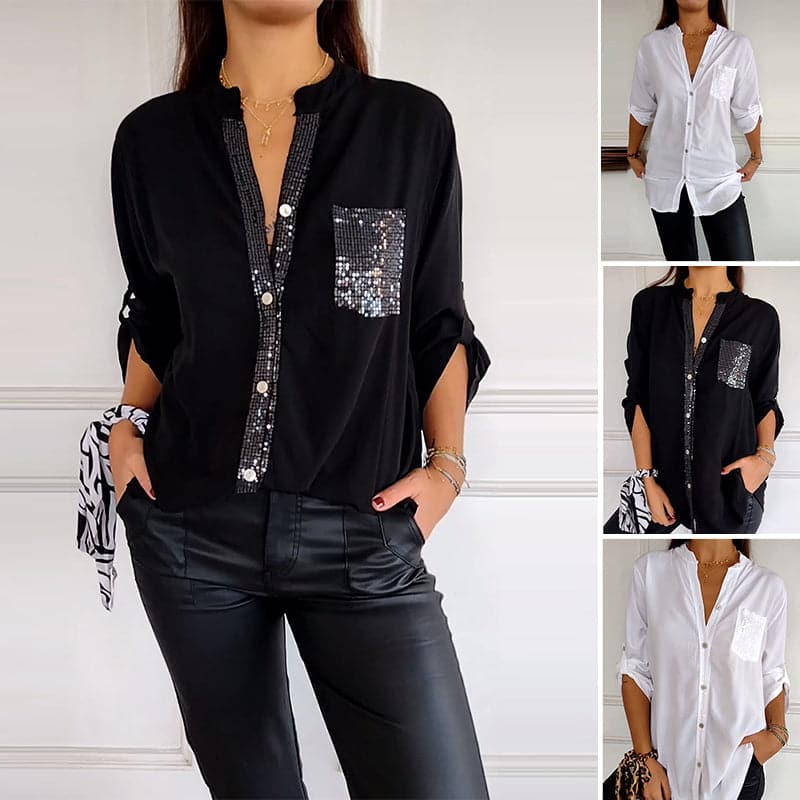 Blusa Nera Fluida con Dettagli Brillanti Elegante