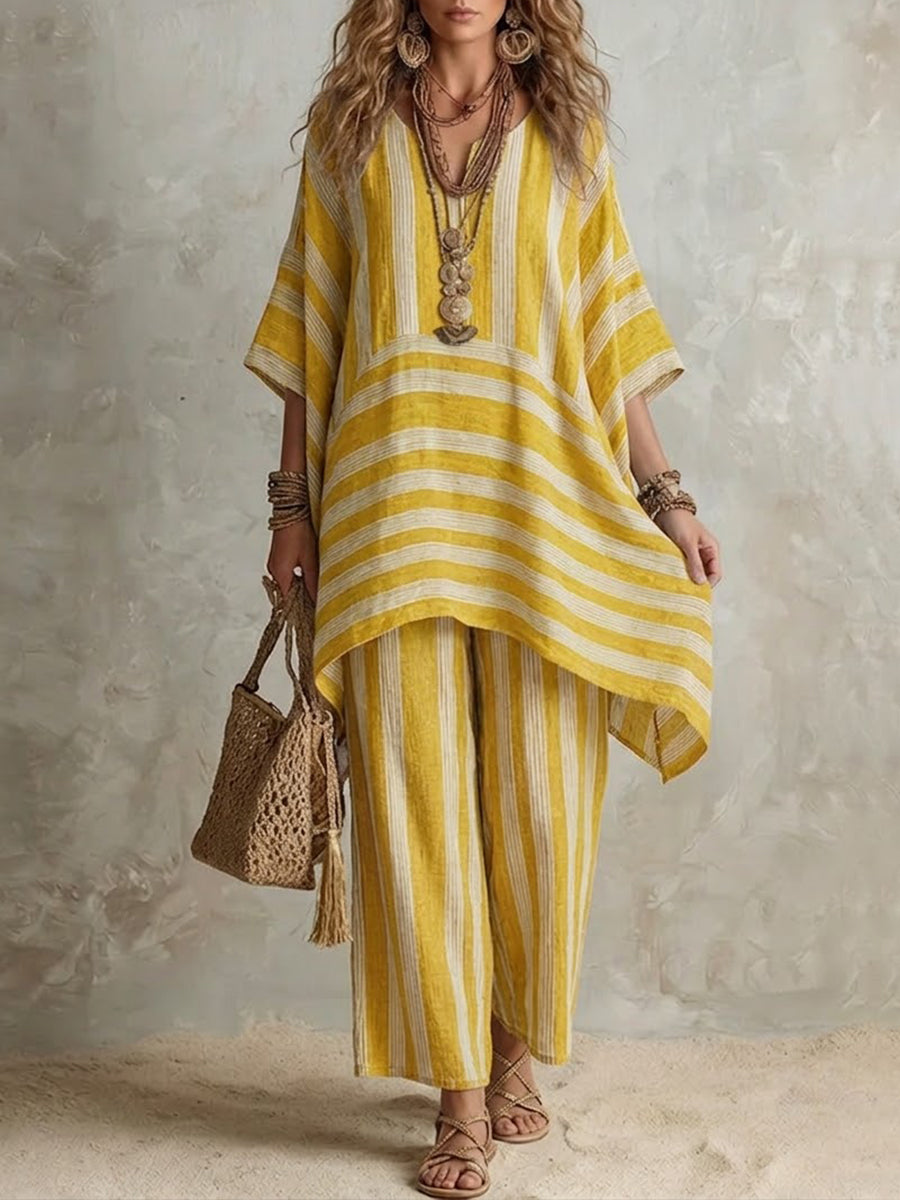 Completo Boho in Lino a Righe Donna Fit Oversize