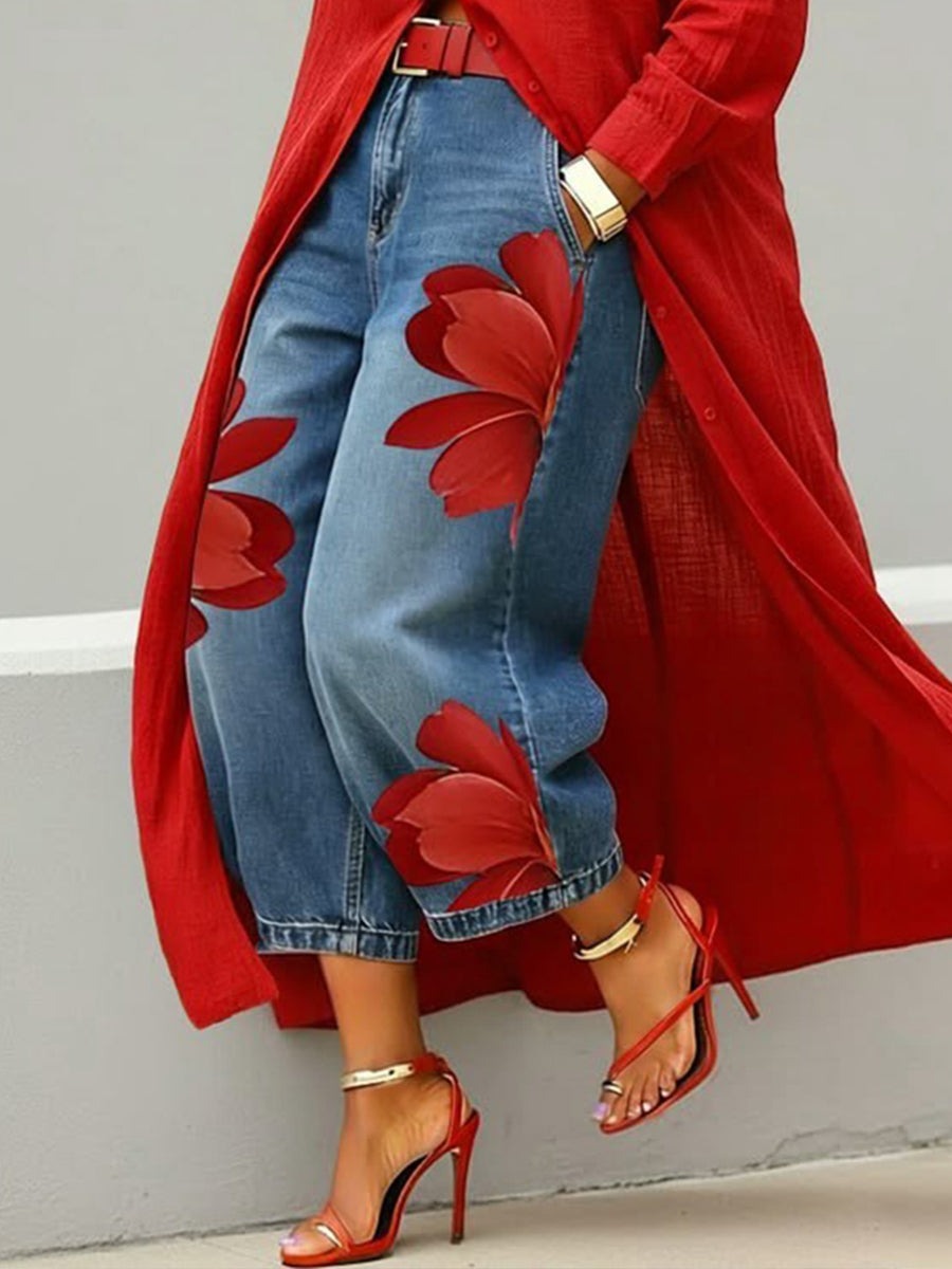 Completo Vestito Camicia Rosso e Jeans Larghi Floreali