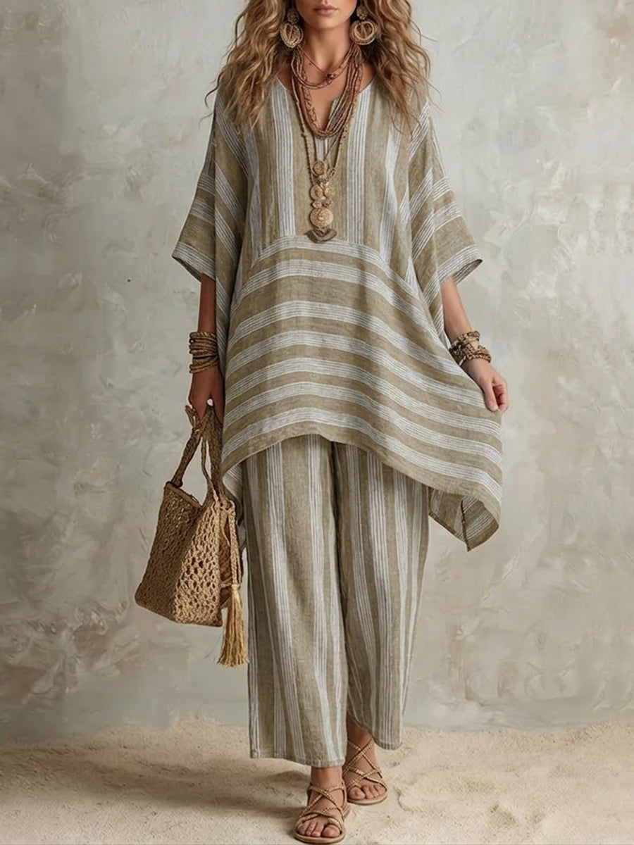 Completo Boho in Lino a Righe Donna Fit Oversize