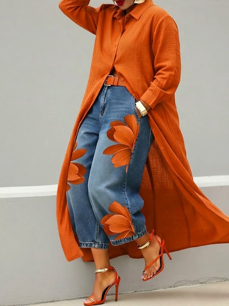 Completo Vestito Camicia Rosso e Jeans Larghi Floreali