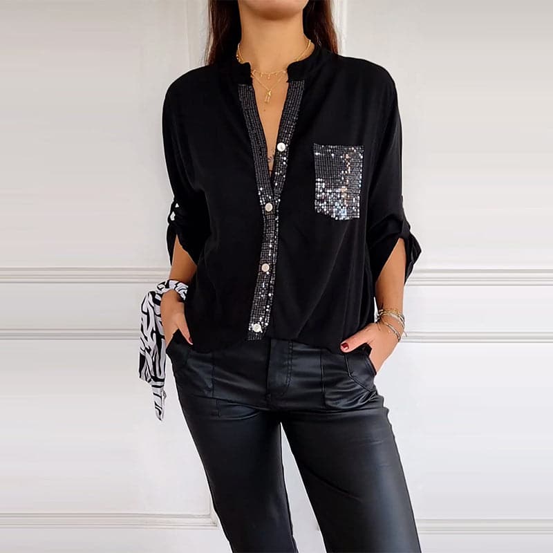 Blusa Nera Fluida con Dettagli Brillanti Elegante
