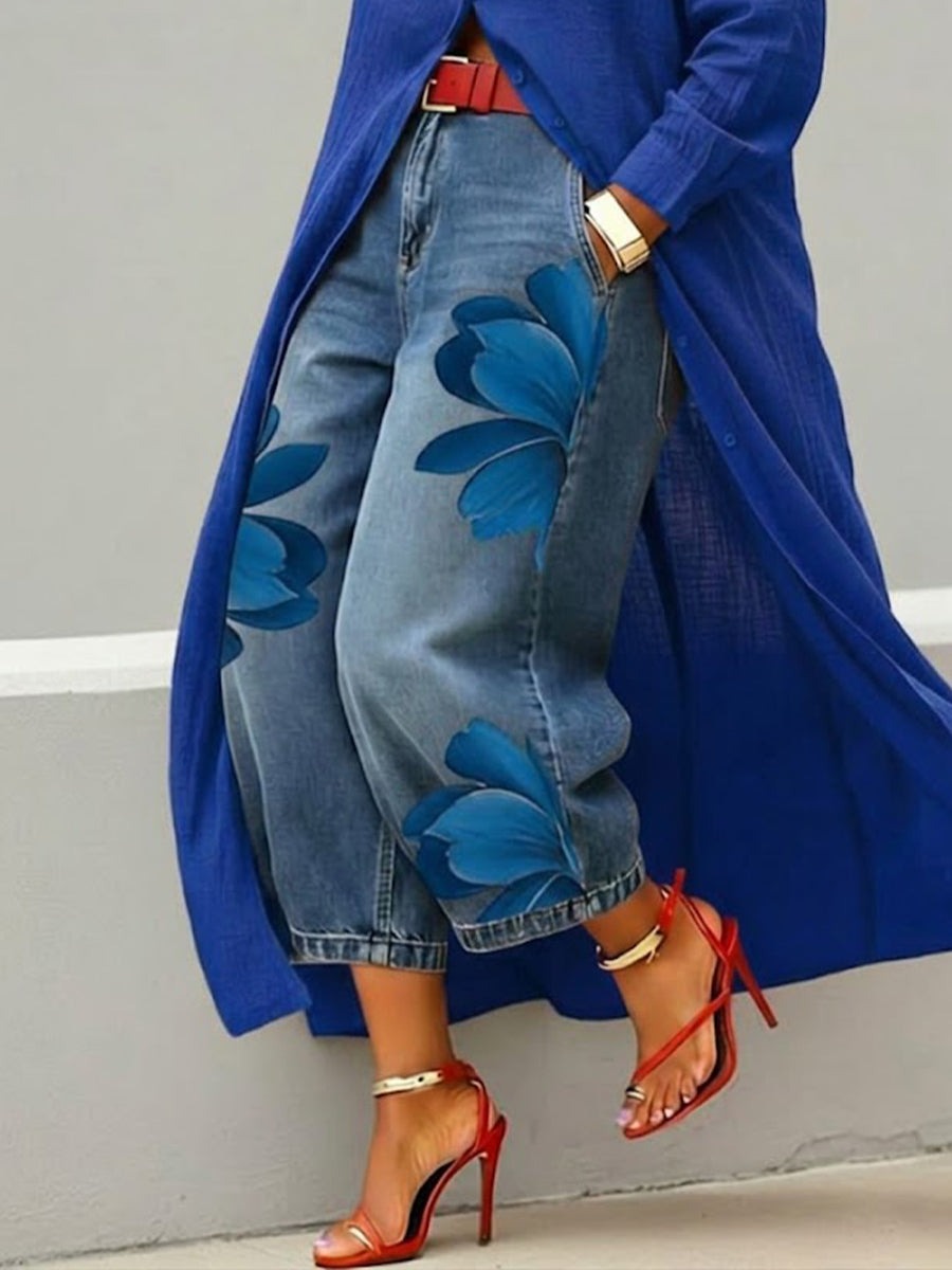 Completo Abito Camicia Rosso e Jeans Larghi Floreali