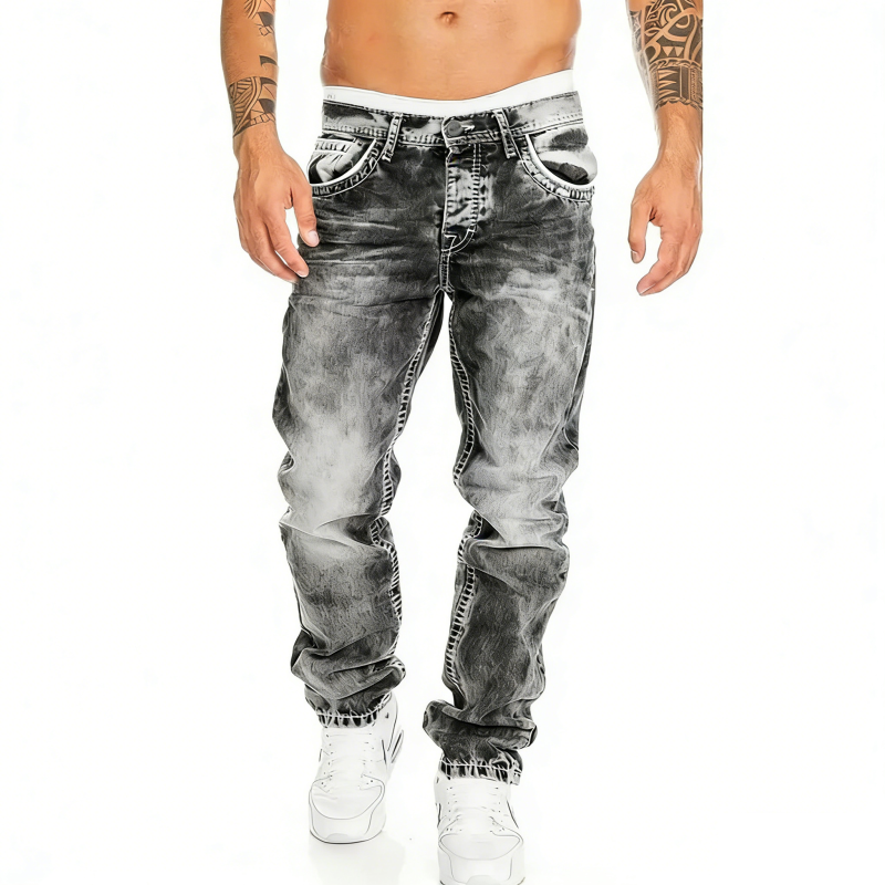 Jeans Uomo Dritti Hip Hop in Denim Lavaggio Vintage