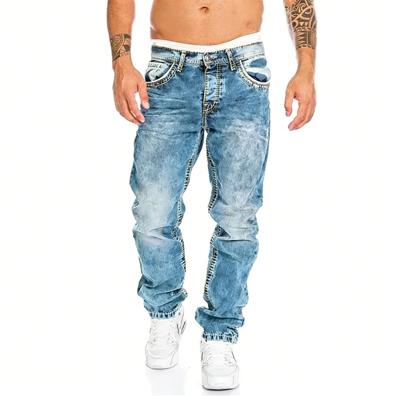 Jeans Uomo Dritti Hip Hop in Denim Lavaggio Vintage