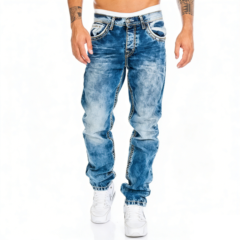 Jeans Uomo Dritti Hip Hop in Denim Lavaggio Vintage