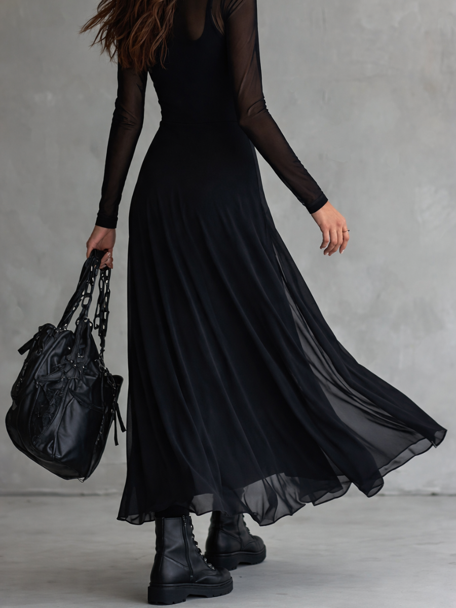 Abito Maxi In Tulle Nero Vintage Con Maniche Velate