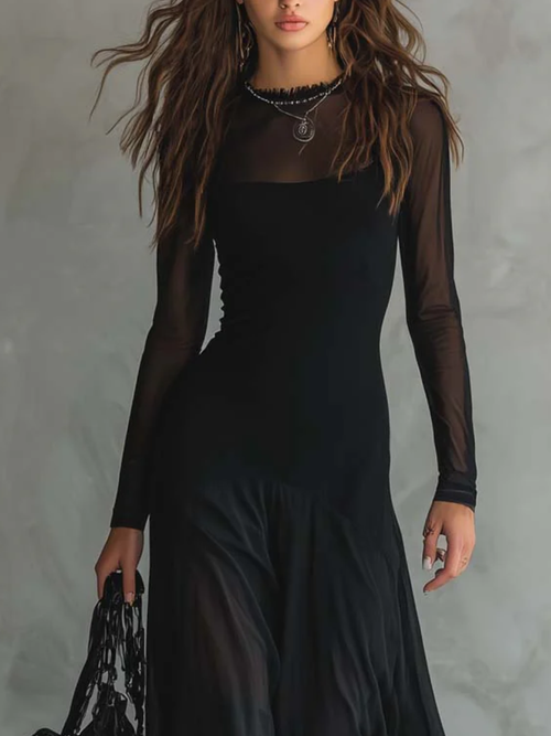 Abito Maxi In Tulle Nero Vintage Con Maniche Velate