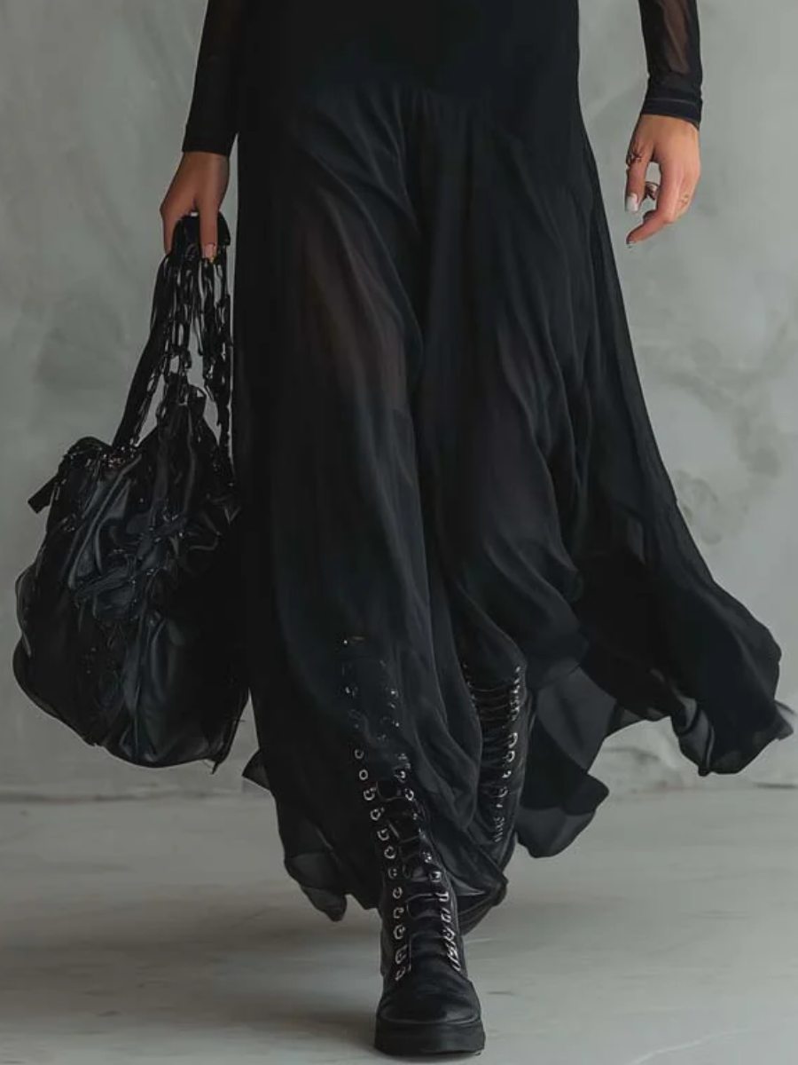 Abito Maxi In Tulle Nero Vintage Con Maniche Velate