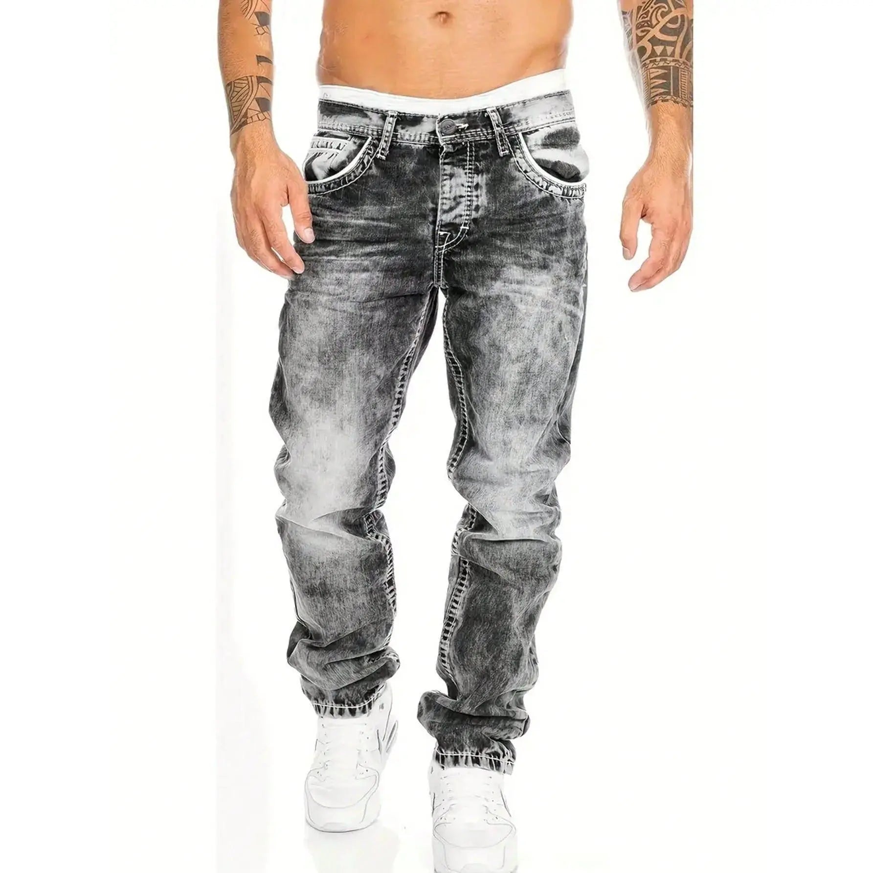 Jeans Uomo Dritti Hip Hop in Denim Lavaggio Vintage